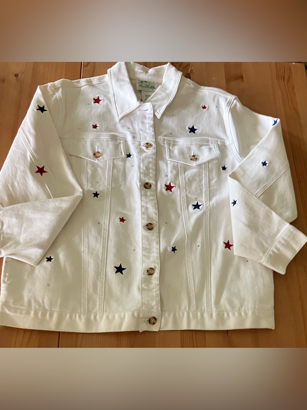 GUC Quacker Factory White Star-Embroidered Denim Patriotic Jacket Size Medium